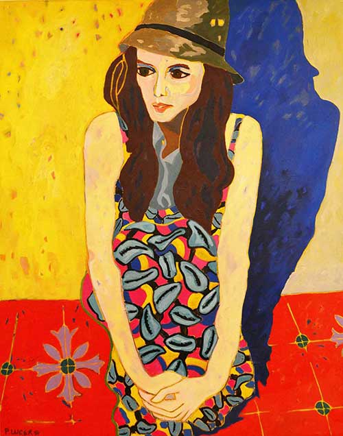 Painting Pilar Lucero Woman Sitting With Hat